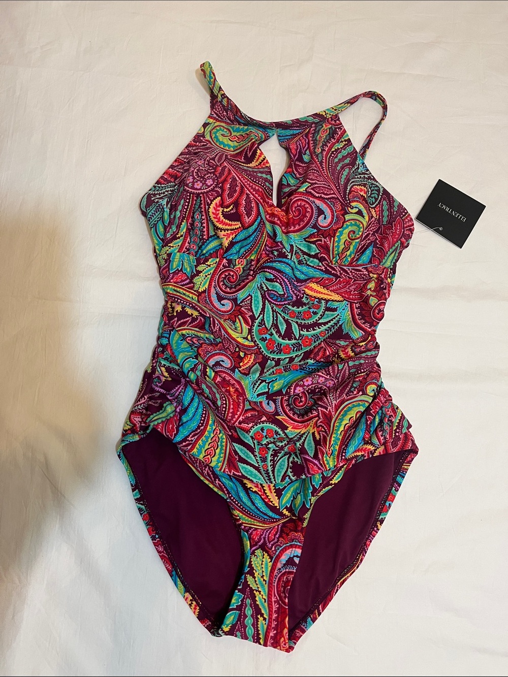 Ellen Tracy NWT Multicolor Paisley One-Piece Swimsuit with Pink, Teal & Yellow